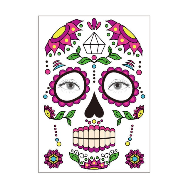 Halloween Party Decoration Halloween Mask Waterproof Temporary Tattoo Sticker Mexican Day of The Sugar Skull Mask Makeup Party,Q