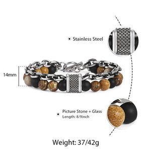 Trendsmax Natural Map Stone Men's Beaded Bracelet for women Stainless Steel Bracelets Male Jewelry Tiger eye 8 9 10 inch DB33