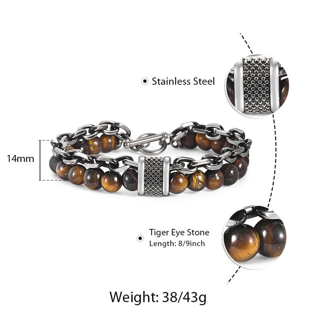 Trendsmax Natural Map Stone Men's Beaded Bracelet for women Stainless Steel Bracelets Male Jewelry Tiger eye 8 9 10 inch DB33