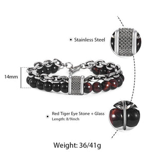 Trendsmax Natural Map Stone Men's Beaded Bracelet for women Stainless Steel Bracelets Male Jewelry Tiger eye 8 9 10 inch DB33