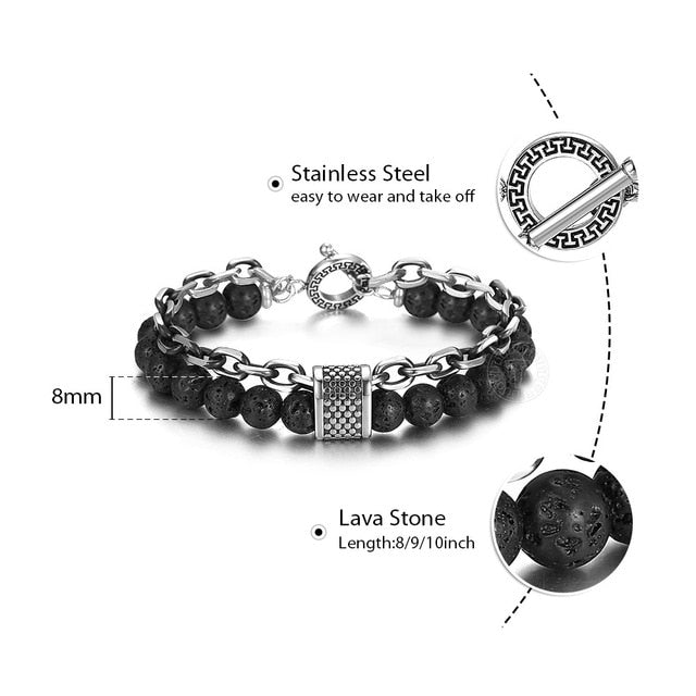 Trendsmax Natural Map Stone Men's Beaded Bracelet for women Stainless Steel Bracelets Male Jewelry Tiger eye 8 9 10 inch DB33