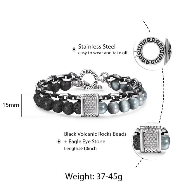 Trendsmax Natural Map Stone Men's Beaded Bracelet for women Stainless Steel Bracelets Male Jewelry Tiger eye 8 9 10 inch DB33