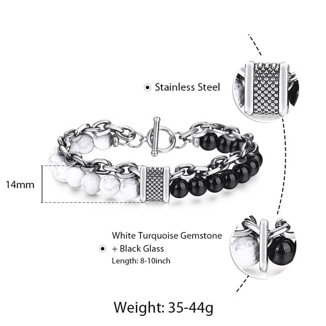 Trendsmax Natural Map Stone Men's Beaded Bracelet for women Stainless Steel Bracelets Male Jewelry Tiger eye 8 9 10 inch DB33