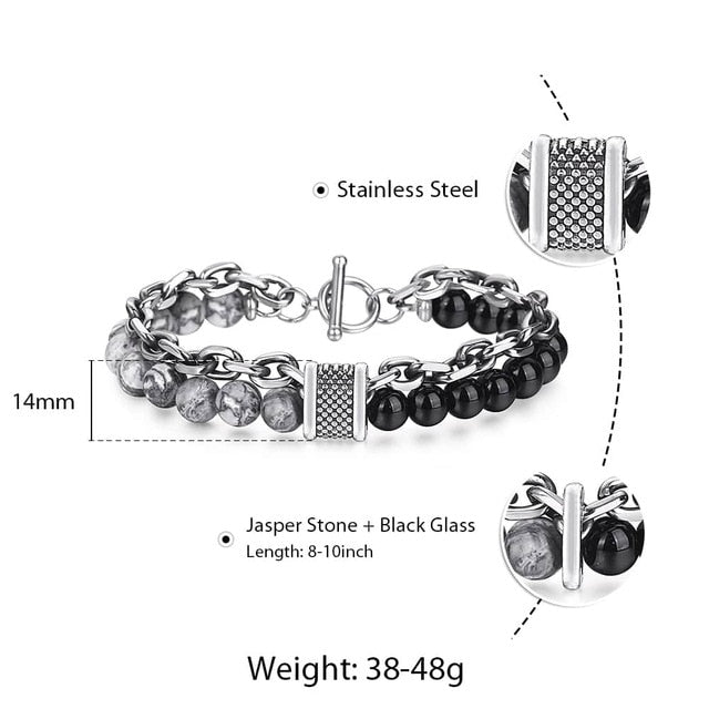 Trendsmax Natural Map Stone Men's Beaded Bracelet for women Stainless Steel Bracelets Male Jewelry Tiger eye 8 9 10 inch DB33