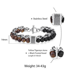 Trendsmax Natural Map Stone Men's Beaded Bracelet for women Stainless Steel Bracelets Male Jewelry Tiger eye 8 9 10 inch DB33