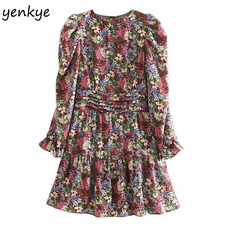 Fashion Women Prairie Chic Multicolor Floral Print Dress Long Sleeve O Neck A-line Mini Dress Autumn vestido OZZ9369　