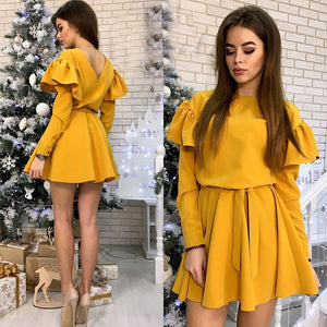 Women Sexy Sashes Ruffles A-line Party Dress Butterfly Sleeve O-Neck Solid Dress 2019 New Fashion Casual Mini Women Dresses