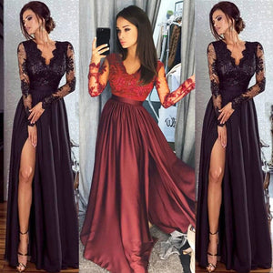 2019 Women Lace Long Sleeve V Neck Dress Evening Party Formal High Waist Maxi Dress