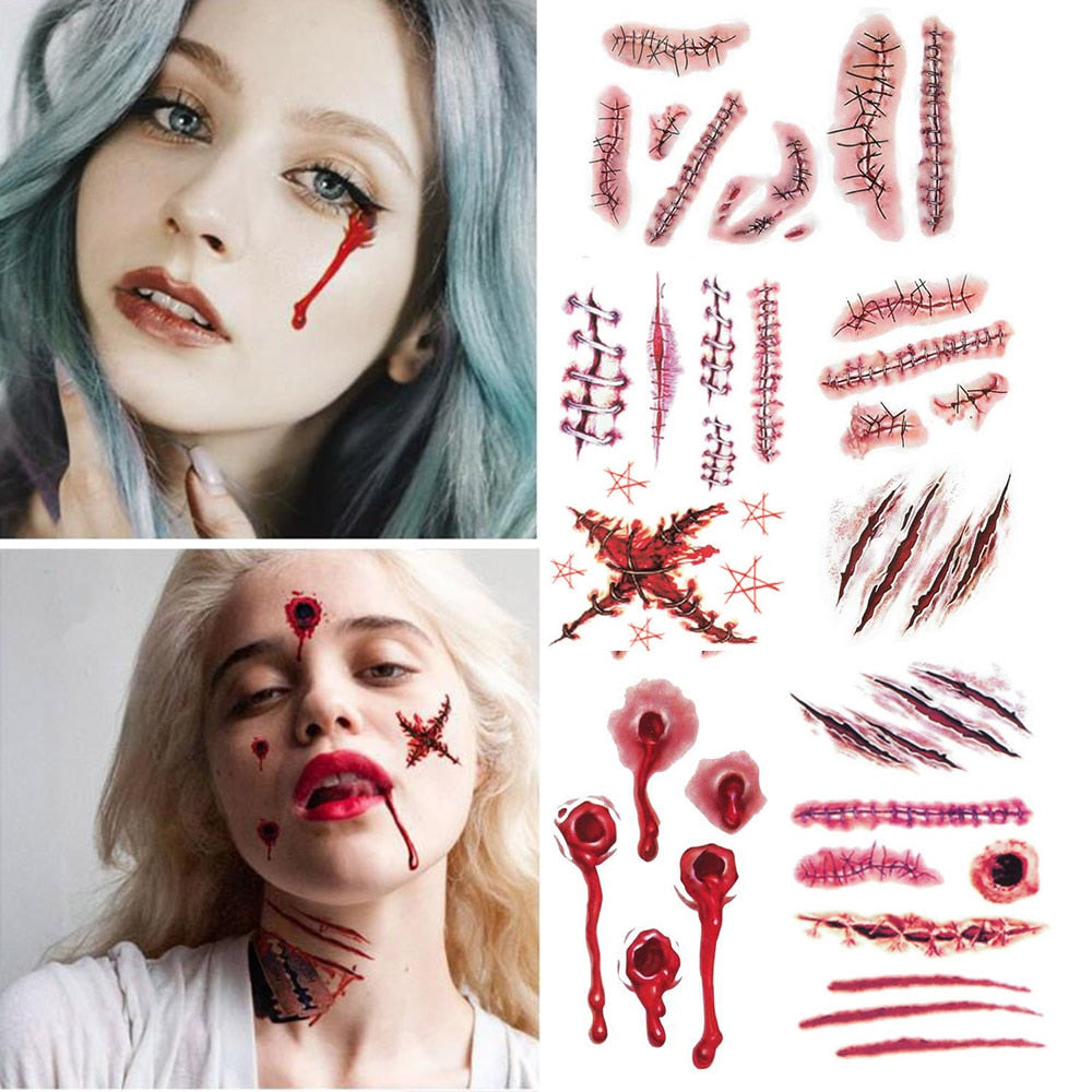 Halloween Party Decor Zombie Scar Temporary Tattoo Sticker Fake Scar Injury Bloody Makeup Scary Wound Halloween Props Waterproof