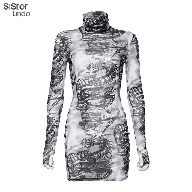 Sisterlinda Mesh Material Bodycon Mini Dress Women Turtleneck See-through Dragon Print Party Dress 2019 Autumn Skinny Vestidos