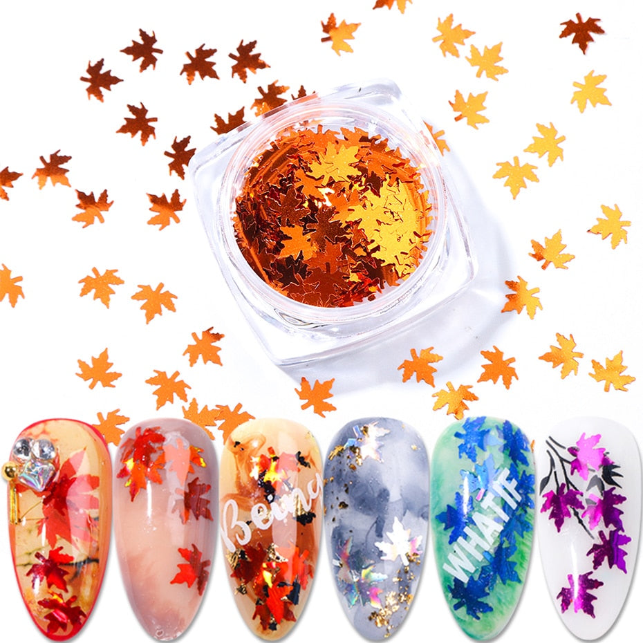 1Box Mirror Maple Leaf Flake Nail Glitter Holographic Paillette Chameleon Sequins Gradient Autumn Polish Manicure Decor  JI1528