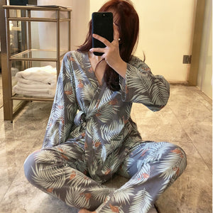 Autumn Winter Girls Pijama Mujer Comfortable Women Pajamas Sets Long Sleeve Kimono Home Wear Serve Lovely Eye mask Sleepwear set