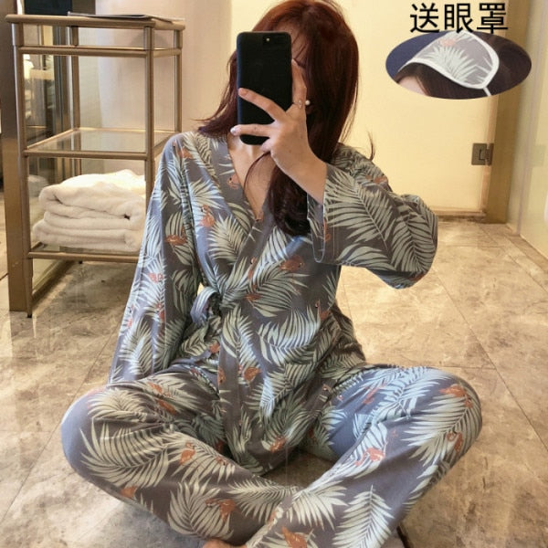 Autumn Winter Girls Pijama Mujer Comfortable Women Pajamas Sets Long Sleeve Kimono Home Wear Serve Lovely Eye mask Sleepwear set