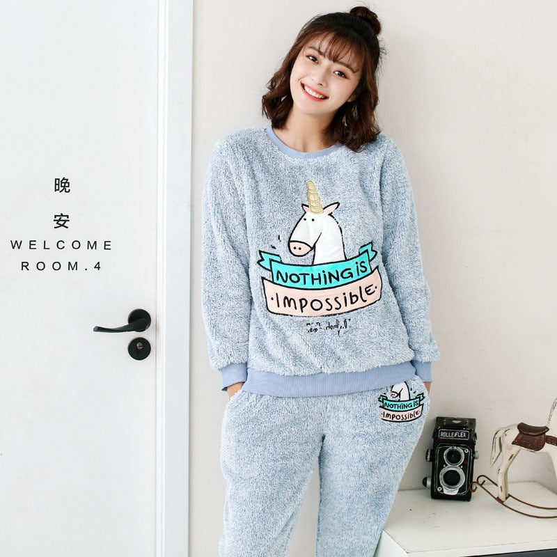 Classic Sweet Lovely Women Autumn Winter Flannel Unicorn Pajamas Set Warm Coral Fleece Pijama Female Home Pyjama Set Clothes