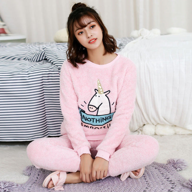 Classic Sweet Lovely Women Autumn Winter Flannel Unicorn Pajamas Set Warm Coral Fleece Pijama Female Home Pyjama Set Clothes