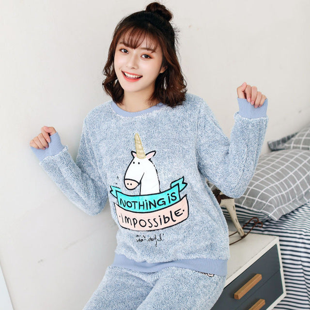 Classic Sweet Lovely Women Autumn Winter Flannel Unicorn Pajamas Set Warm Coral Fleece Pijama Female Home Pyjama Set Clothes