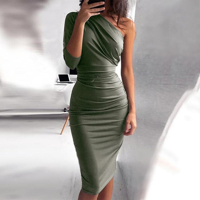 Bigsweety New Sexy One Shoulder Bodycon Party Dresses Elegant Women Casual Midi Sheath Slim Bodycon Dress Package Hip Midi Dress