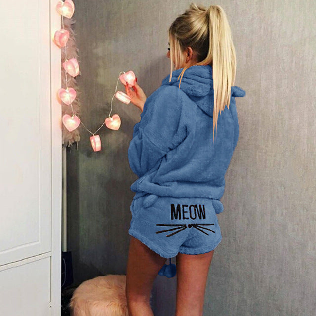 New Pyjamas Set Women Autumn Winter Pyjamas Suit Fur Tops Short Pants Warm Pyjamas Women Homewear Lingerie Sleepwear Cat Pijama