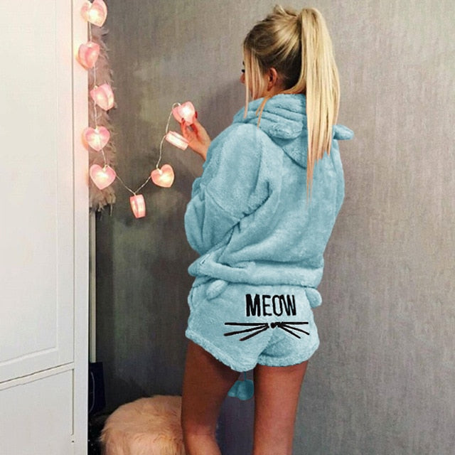 New Pyjamas Set Women Autumn Winter Pyjamas Suit Fur Tops Short Pants Warm Pyjamas Women Homewear Lingerie Sleepwear Cat Pijama