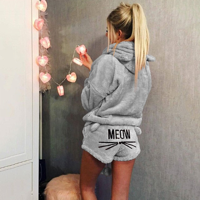 New Pyjamas Set Women Autumn Winter Pyjamas Suit Fur Tops Short Pants Warm Pyjamas Women Homewear Lingerie Sleepwear Cat Pijama