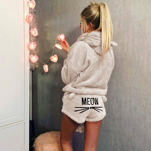 New Pyjamas Set Women Autumn Winter Pyjamas Suit Fur Tops Short Pants Warm Pyjamas Women Homewear Lingerie Sleepwear Cat Pijama