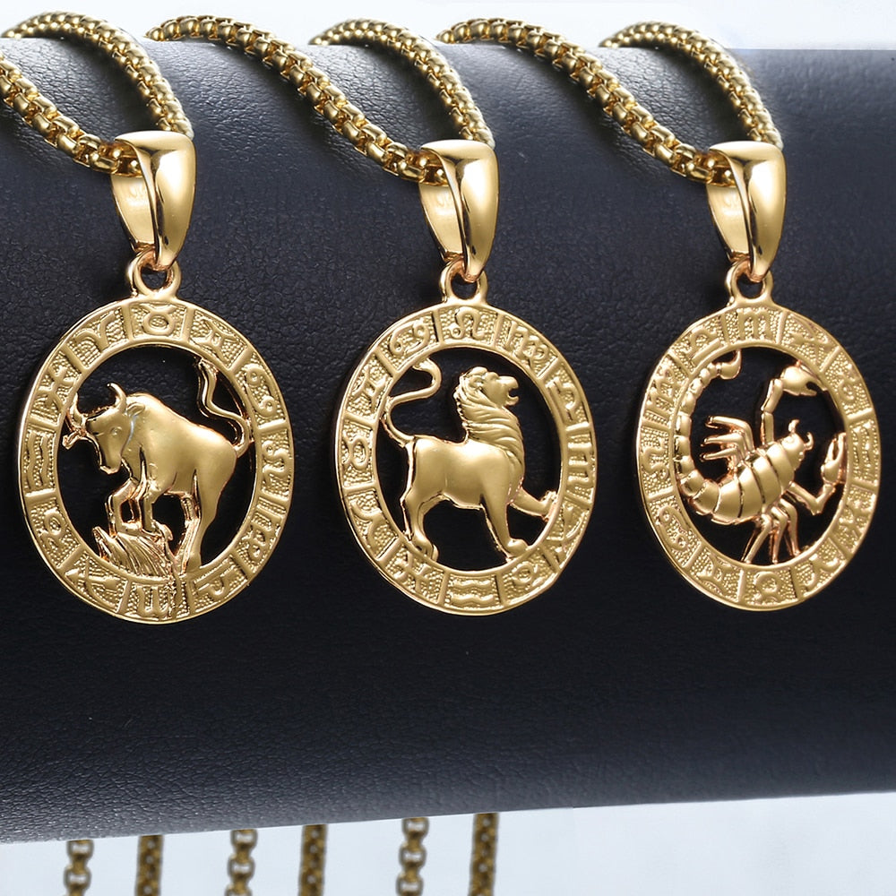 Men's Women's 12 Horoscope Zodiac Sign Gold Pendant Necklace Aries Leo Wholesale Dropshipping 12 Constellations Jewelry GPM24