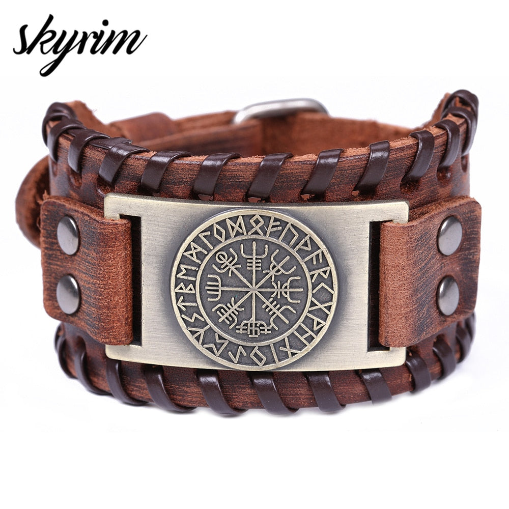 Skyrim Vintage Viking Compass Genuine Leather Bracelet for Man Bangle Nordic Runes Odin Symbol Wrap Jewelry Accessories