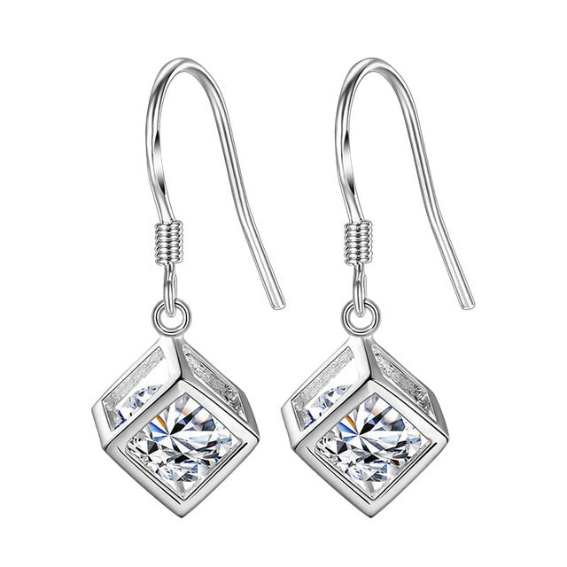 Minimalist Real Pure 925 Sterling Silver 3D Cube Earrings Hoop Female Crystal Geometric Hanging Earnings Girls SE056