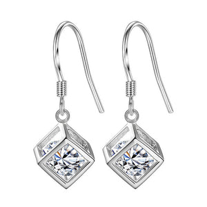 Minimalist Real Pure 925 Sterling Silver 3D Cube Earrings Hoop Female Crystal Geometric Hanging Earnings Girls SE056