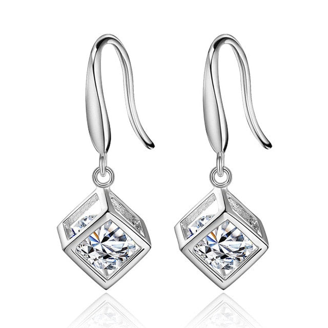 Minimalist Real Pure 925 Sterling Silver 3D Cube Earrings Hoop Female Crystal Geometric Hanging Earnings Girls SE056