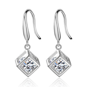 Minimalist Real Pure 925 Sterling Silver 3D Cube Earrings Hoop Female Crystal Geometric Hanging Earnings Girls SE056