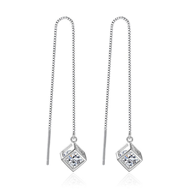 Minimalist Real Pure 925 Sterling Silver 3D Cube Earrings Hoop Female Crystal Geometric Hanging Earnings Girls SE056