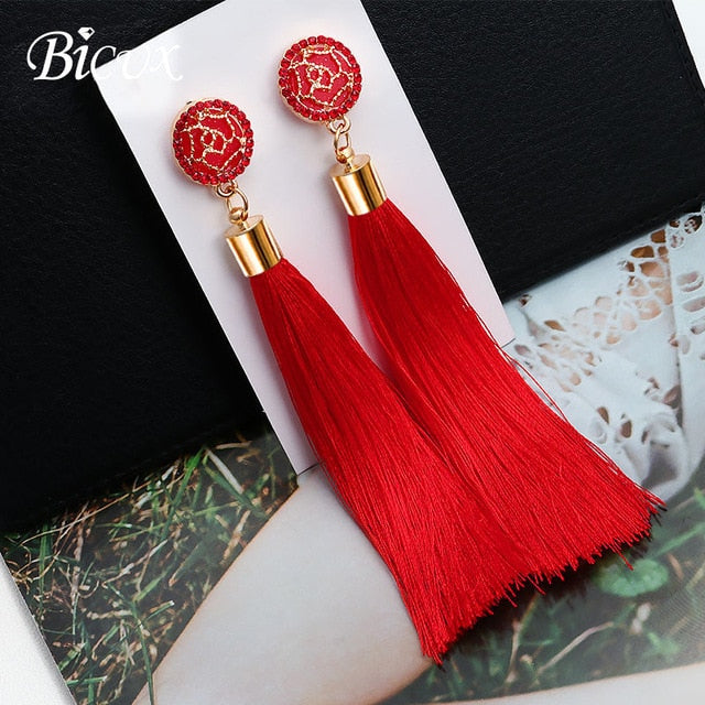 BICUX Fashion Bohemian Tassel Crystal Long Earrings White Red Silk Fabric Drop Dangle Tassel Earrings For Women 2019 Jewelry