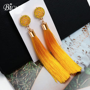 BICUX Fashion Bohemian Tassel Crystal Long Earrings White Red Silk Fabric Drop Dangle Tassel Earrings For Women 2019 Jewelry