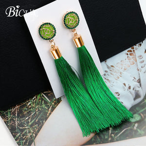 BICUX Fashion Bohemian Tassel Crystal Long Earrings White Red Silk Fabric Drop Dangle Tassel Earrings For Women 2019 Jewelry