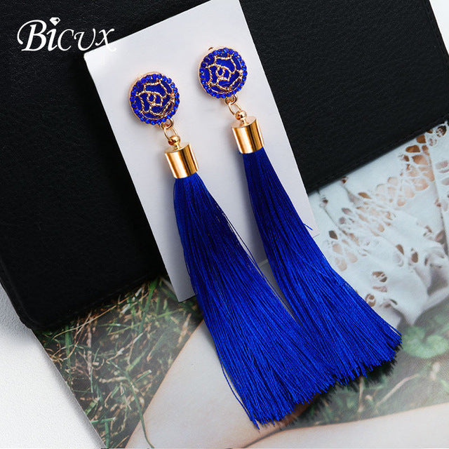 BICUX Fashion Bohemian Tassel Crystal Long Earrings White Red Silk Fabric Drop Dangle Tassel Earrings For Women 2019 Jewelry