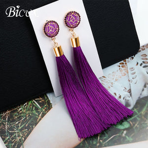 BICUX Fashion Bohemian Tassel Crystal Long Earrings White Red Silk Fabric Drop Dangle Tassel Earrings For Women 2019 Jewelry