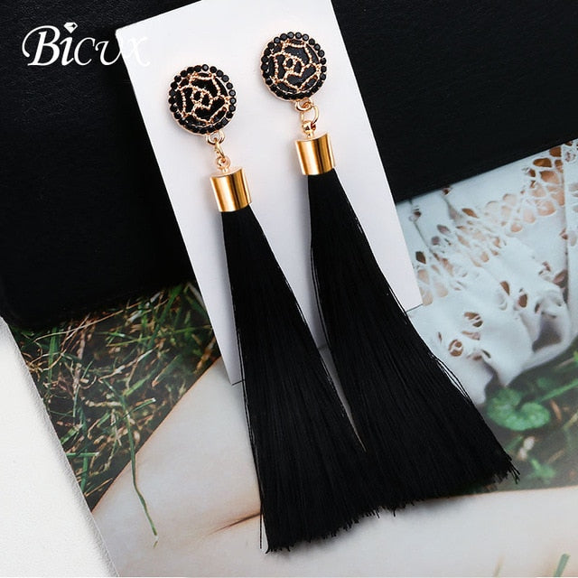 BICUX Fashion Bohemian Tassel Crystal Long Earrings White Red Silk Fabric Drop Dangle Tassel Earrings For Women 2019 Jewelry