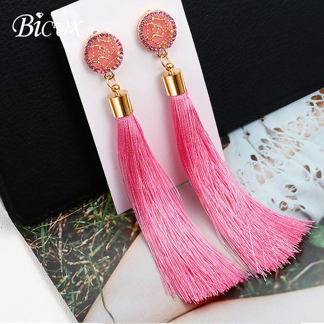 BICUX Fashion Bohemian Tassel Crystal Long Earrings White Red Silk Fabric Drop Dangle Tassel Earrings For Women 2019 Jewelry