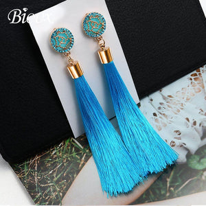 BICUX Fashion Bohemian Tassel Crystal Long Earrings White Red Silk Fabric Drop Dangle Tassel Earrings For Women 2019 Jewelry