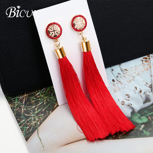 BICUX Fashion Bohemian Tassel Crystal Long Earrings White Red Silk Fabric Drop Dangle Tassel Earrings For Women 2019 Jewelry