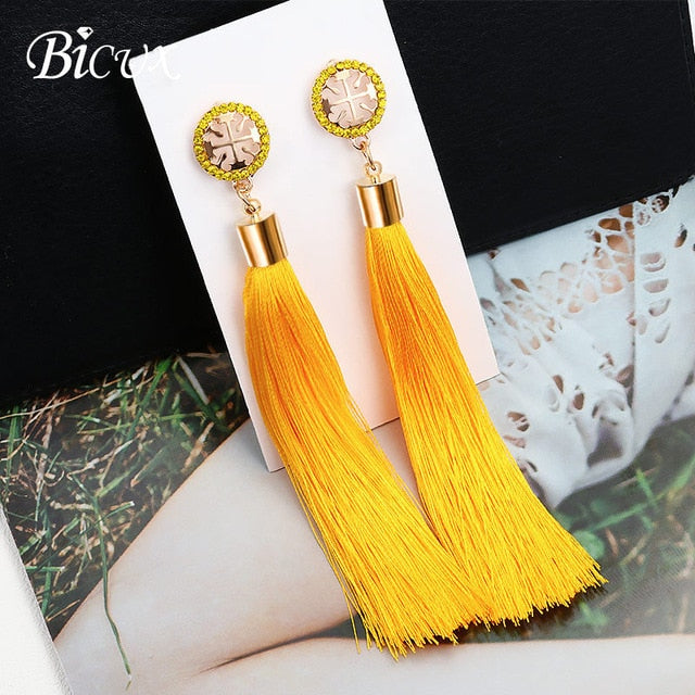 BICUX Fashion Bohemian Tassel Crystal Long Earrings White Red Silk Fabric Drop Dangle Tassel Earrings For Women 2019 Jewelry