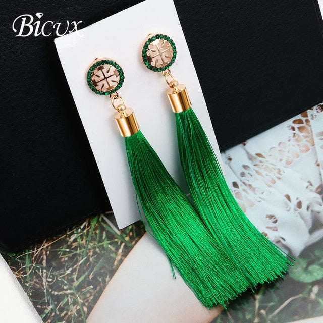 BICUX Fashion Bohemian Tassel Crystal Long Earrings White Red Silk Fabric Drop Dangle Tassel Earrings For Women 2019 Jewelry