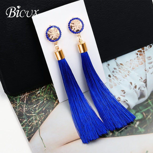 BICUX Fashion Bohemian Tassel Crystal Long Earrings White Red Silk Fabric Drop Dangle Tassel Earrings For Women 2019 Jewelry