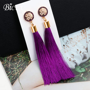 BICUX Fashion Bohemian Tassel Crystal Long Earrings White Red Silk Fabric Drop Dangle Tassel Earrings For Women 2019 Jewelry