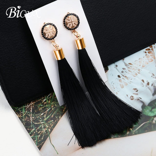 BICUX Fashion Bohemian Tassel Crystal Long Earrings White Red Silk Fabric Drop Dangle Tassel Earrings For Women 2019 Jewelry