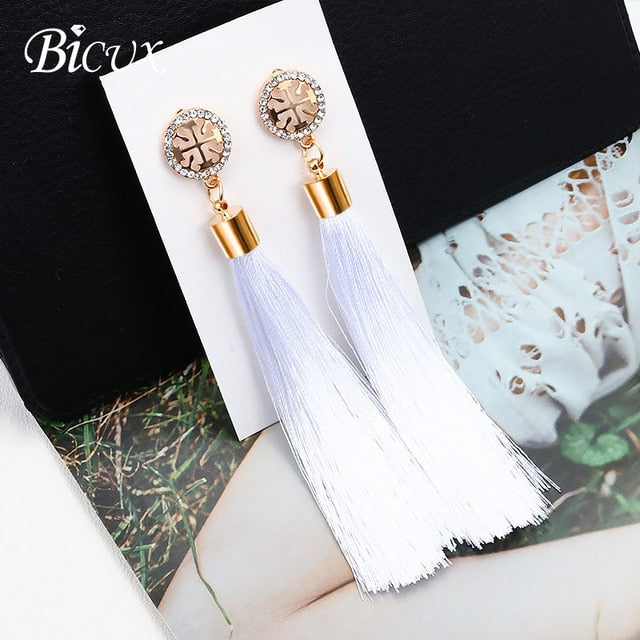 BICUX Fashion Bohemian Tassel Crystal Long Earrings White Red Silk Fabric Drop Dangle Tassel Earrings For Women 2019 Jewelry