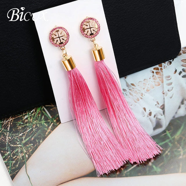 BICUX Fashion Bohemian Tassel Crystal Long Earrings White Red Silk Fabric Drop Dangle Tassel Earrings For Women 2019 Jewelry