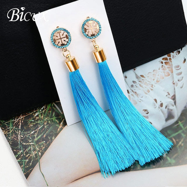 BICUX Fashion Bohemian Tassel Crystal Long Earrings White Red Silk Fabric Drop Dangle Tassel Earrings For Women 2019 Jewelry