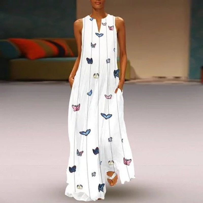 CALOFE Sexy V Neck Women Vintage Butterfly Print Dress 2019 Summer Sleeveless Pockets Dress Casual Loose Boho Maxi Long Dresses